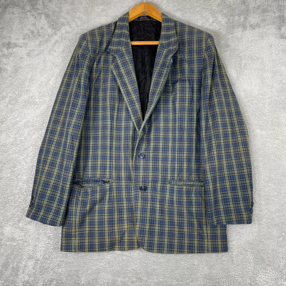 Gap Classic Blazer Mens Large Blue Green Plaid Cotton Tailored Jacket